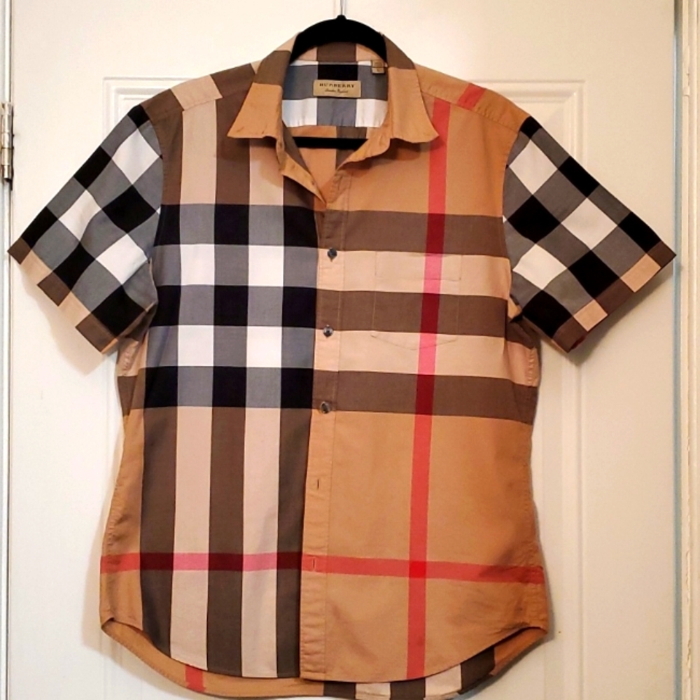 Large Men's burberry brit men's camel fred button down short sleeve shirt
